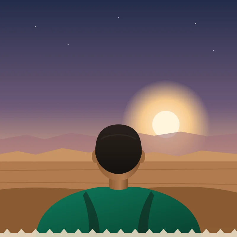 Azeddine El, illustrated portrait seen from behind, looking at the Tuwaiq escarpment at dusk